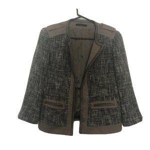 Elie Tahari Tan Gray White Woven Structured Blazer Jacket Size 4 Leather Trim
